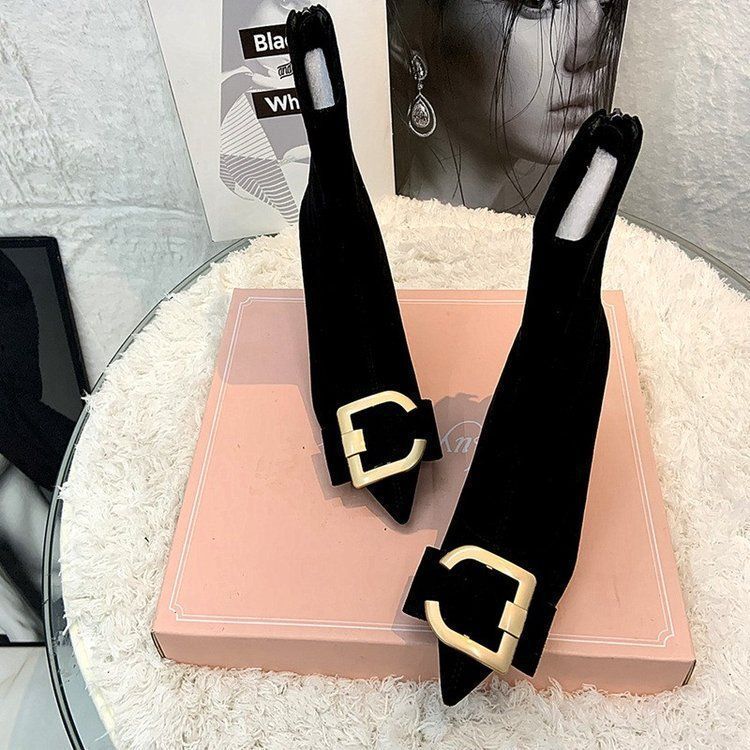 Small Short Boots 2025 New Women's Winter One-pedal Thin Leg Socks Boots Rhinestone Square Buckle Pointed Middle Heel Short Boots