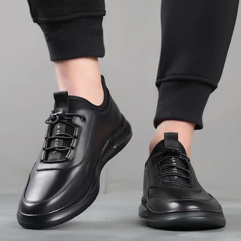 Herrenschuhe Herbst neue lässige Business-Lederschuhe vielseitiger Modetrend Luftkissen Gummizug schwarz Sport-Lederschuhe
