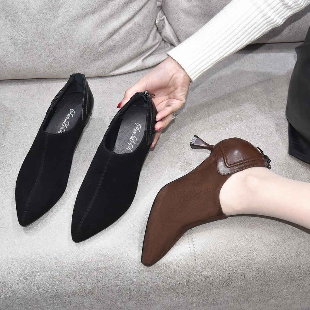 Pointed deep mouth single shoes women's shoes spring new simple temperament sheepskin rear zipper women's high heels