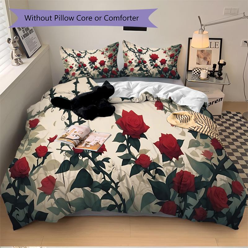 Roses Thorny Vines Printed 3pcs Bedding Set Soft Microfiber 1 Duvet Cover And 2 Pillowcases Home Bedroom Decor Xmas Gift Q1436