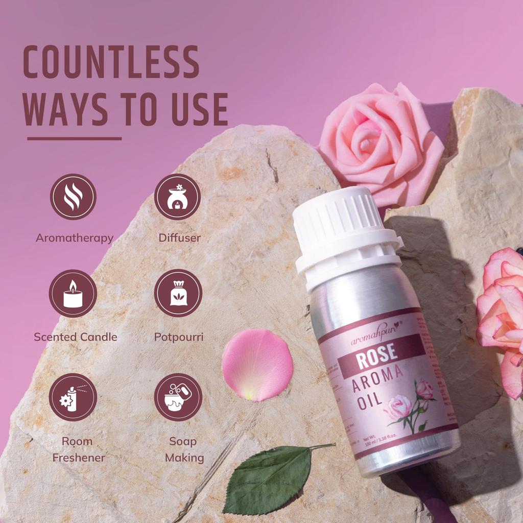 Aromahpure Rose Aroma Oil | 100ml Undiluted & Natural | Long-Lasting Scent for Aromatherapy, Candle & Soap Making, Diffusers, Room Freshener