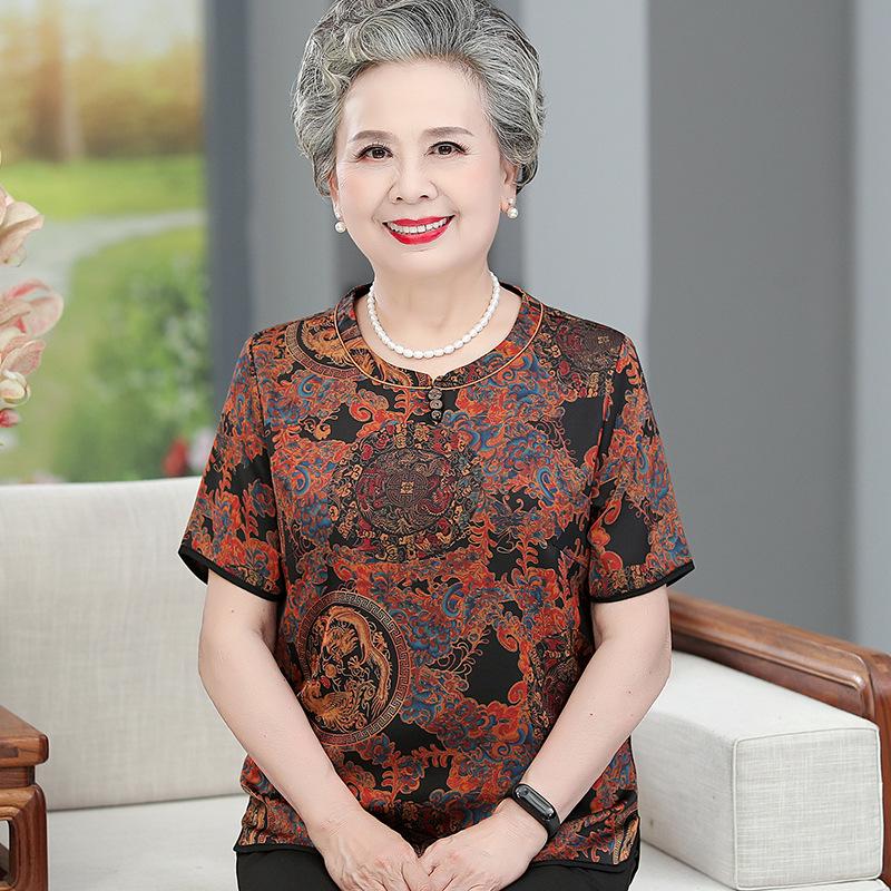 Elegant Summer Silk Blouse for Elderly Women - Short-Sleeved Noble Mother's Wear