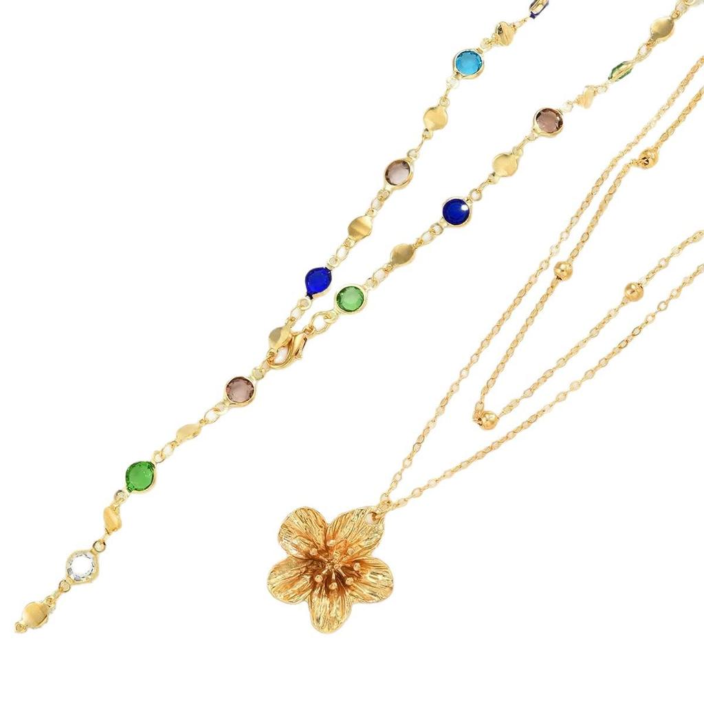 Elegant Y-Shaped Color Diamond Flower Necklace Set - Light Luxury Layered Two-Piece Design