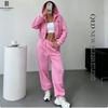 Womens Short Hooded Zip Sweatshirt Set High Waist Pants Solid Color Casual Sportswear