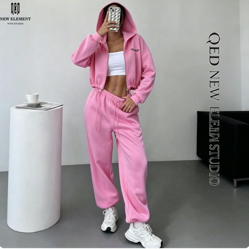 Womens Short Hooded Zip Sweatshirt Set High Waist Pants Solid Color Casual Sportswear