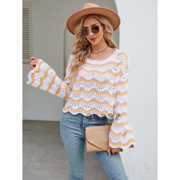 

Весна и осень 2024 года, новая европейская и американская женская мода, толстовка с длинным рукавом и круглым вырезом, трикотажный полосатый свитер XL жёлтый