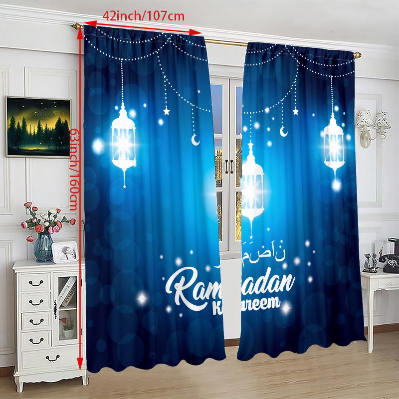 Dark Blue Ramadan Theme Printed Curtain Polyester Material Suitable Bedroom Living Room Study Curtains Set Of 2 Made Area Decor