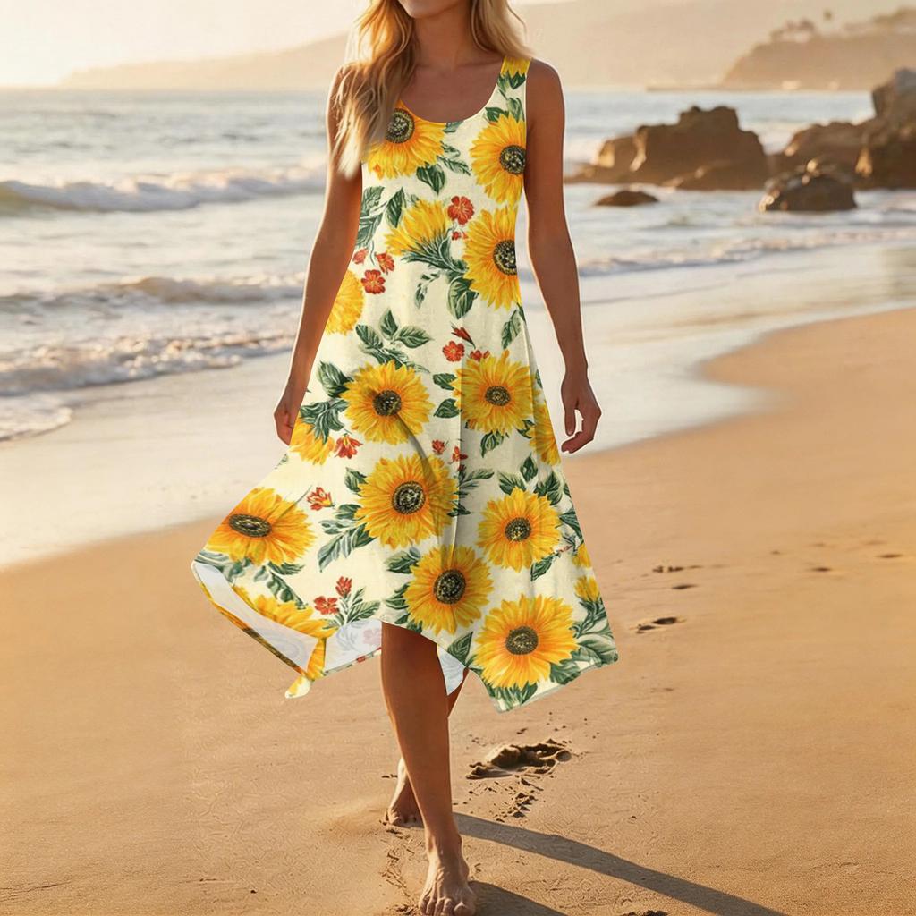 Women's Casual Sleeveless Floral Print Dress Round Neck Asymmetric Hem Mid-Length Summer Dress Lightweight Comfortable