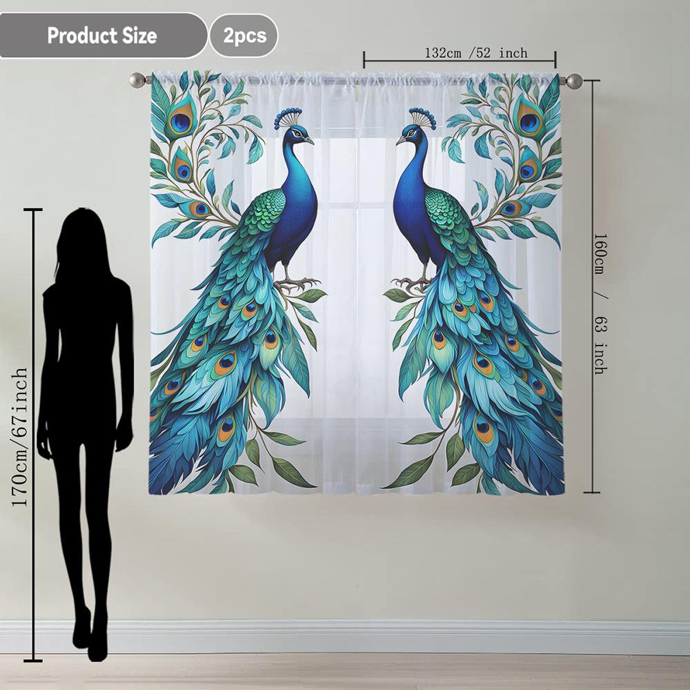 2Pcs Polyester Blue Peacock Floating Printing Window Curtains Birthday Party Decoration Backdrop Drapes for Living Room