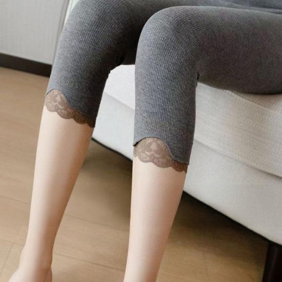 Women Cropped Leggings Elastic Tight Fit High Waist Lace Splice