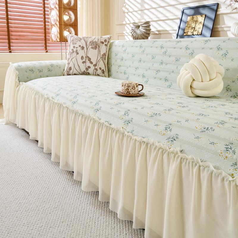 Polyester Linen Sofa Cover Ruffled Edge Creamy Style Floral Pattern Anti-Slip Cooling Couch Cushion Mats