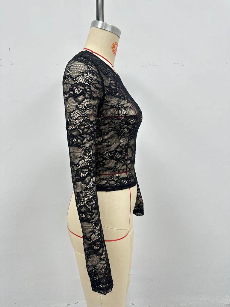 2026 Summer European-American Lace Long Sleeve Slimming Mesh Hollow T-shirt for Women