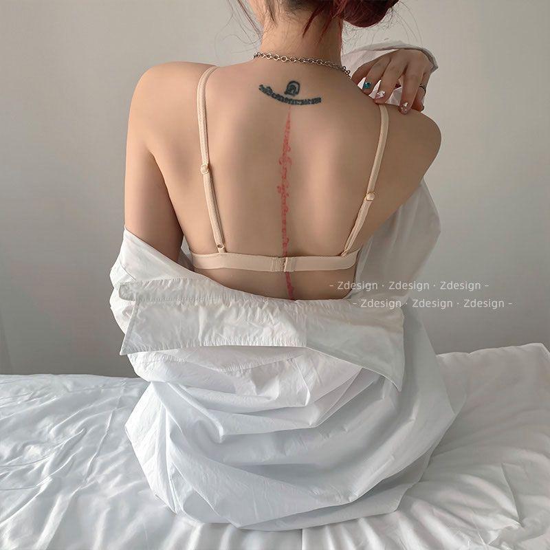 Simple Triangle Cup Wire-Free Bra for Women Thin Strap Backless Breathable Sexy Seamless Bra for Big Breasts To Look Smaller with Thin Cup