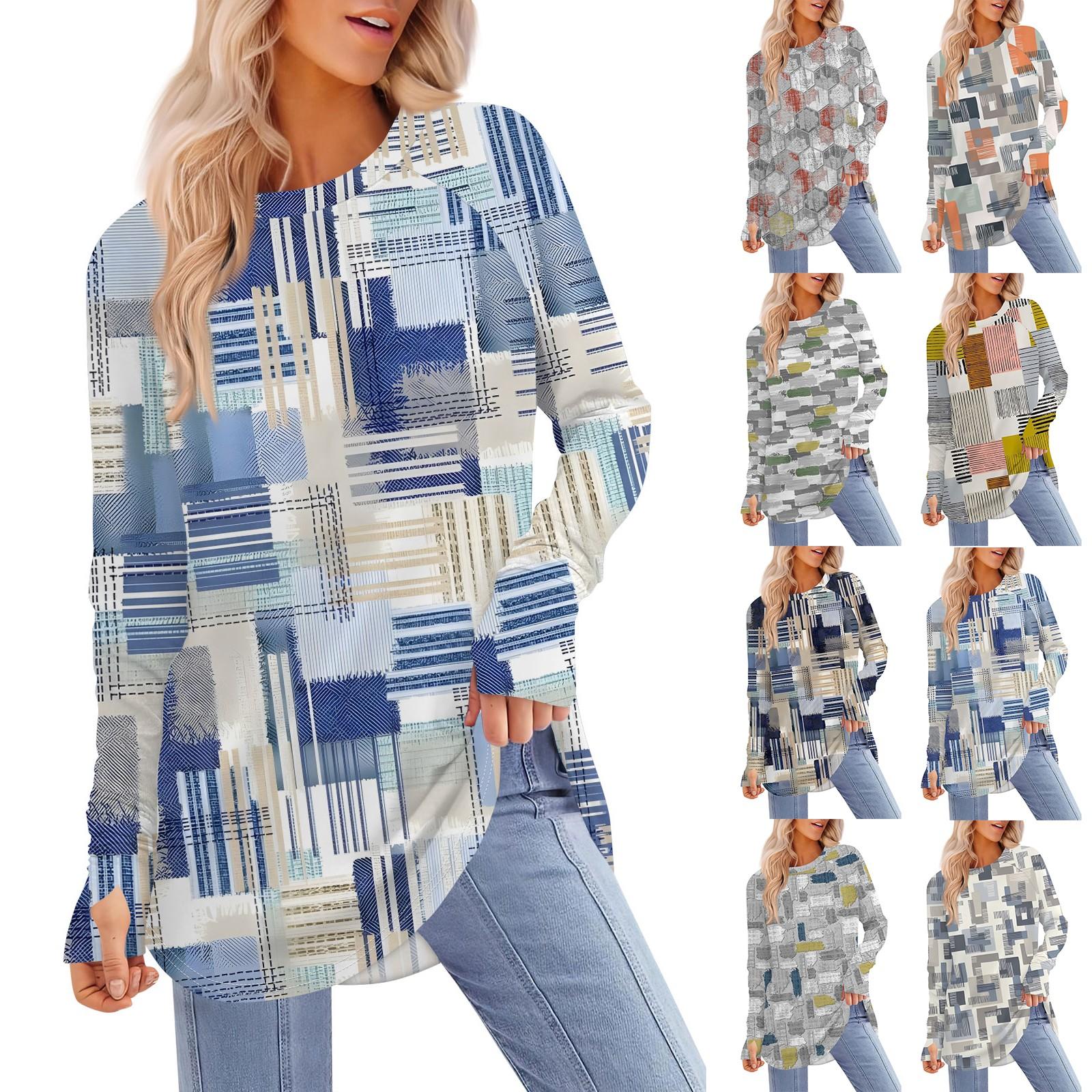 

Женская футболка с геометрическим узором и круглым вырезом, свободная, с длинным рукавом, средней длины, с прорезью для большого пальца S оранжевый