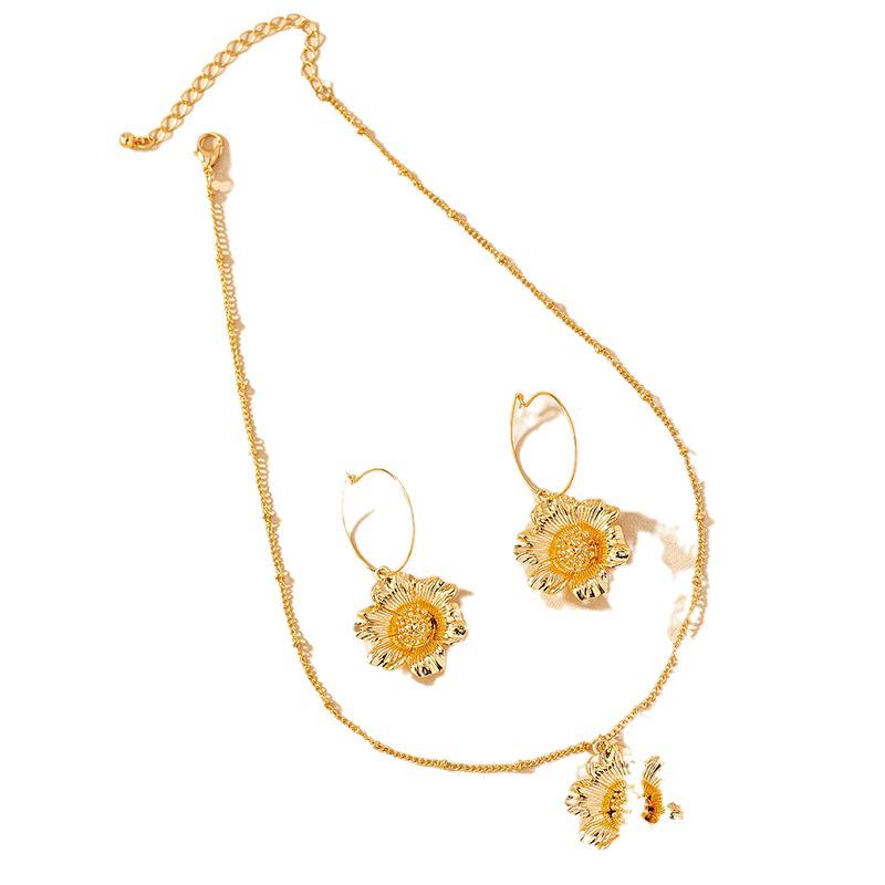 Sonnenblumen Anhänger Ohrringe & Halsketten Set - Damen Trendige Lilien Schlüsselbein Kette Mode.