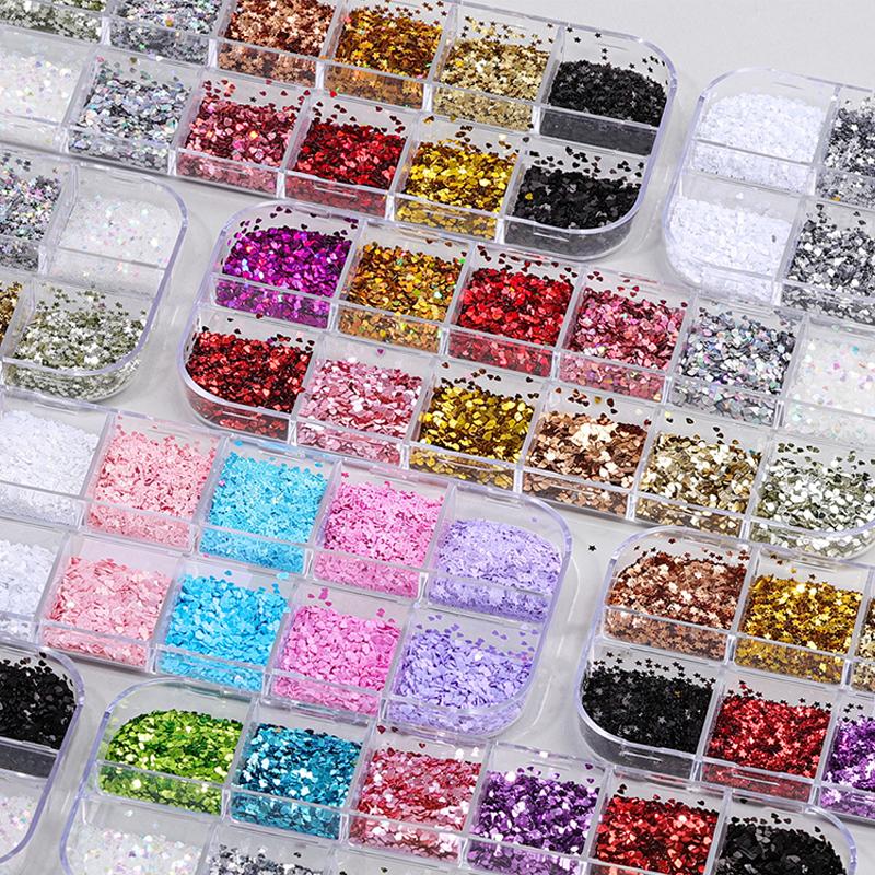 12 Grids Mixed Star Heart Nail Glitter 1Mm Star Sequin Nail Art Diy Colorful Sparkling Nail Charms Nail Decoration Accessories