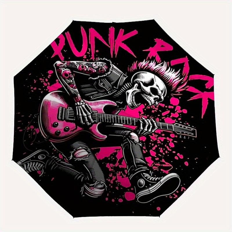 1pc Punk Rock Skeleton with Punk Rock Logo - Automatic Opening Umbrella, Portable Folding Design, 8-Bone Iron Frame Outdoor Umbrella, Festival Gi