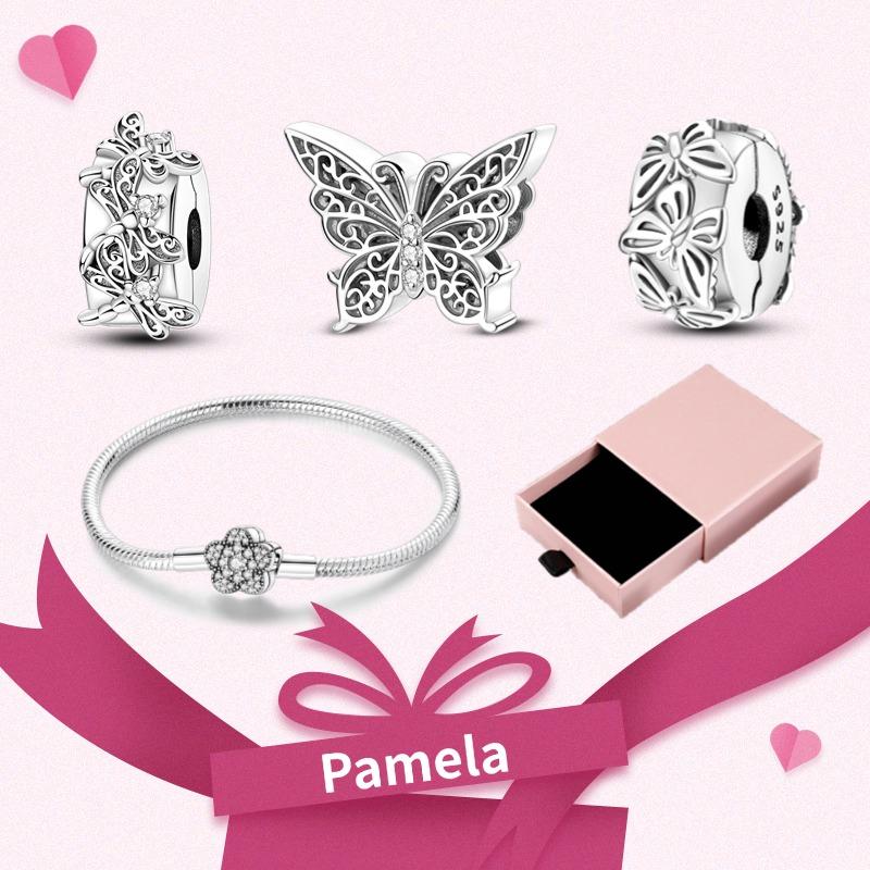 Pink Heart Charm Set 925 Original Silver Charms Bracelet With Gift Box For Women Wedding Anniversary Jewelry Gift 4pcs/lot
