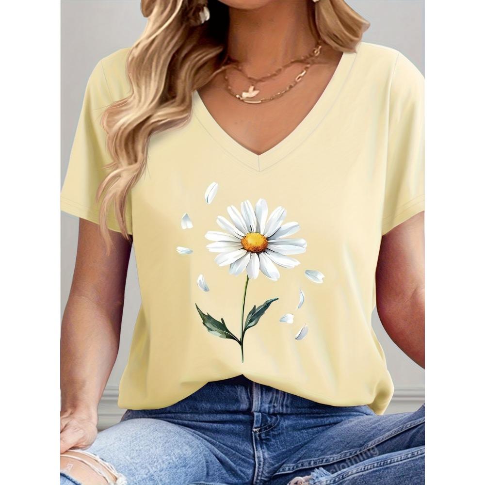 Women's V-Neck T-Shirt Flowers Print Tees Summer Short Sleeve Top Casual