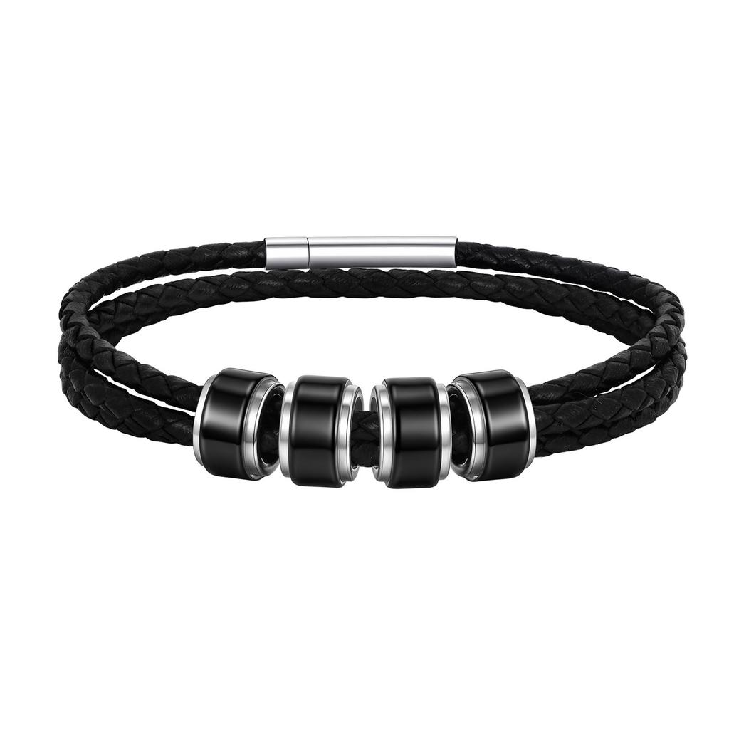 Customized Baeded Bracelets for Men Boys,3-Layers Leather Bracelet with Stainless Steel Tube,Jeweley Gift for Dad Husband