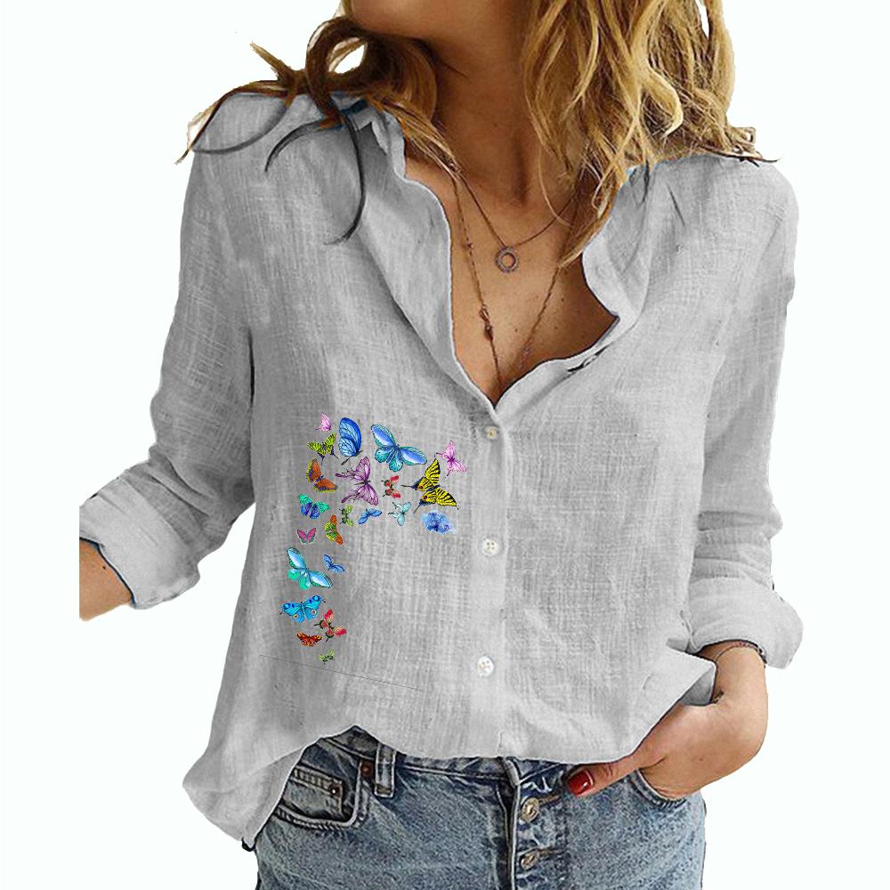 Women Fashion Print Shirt Female Casual Cotton Linen Long Sleeve Top Plus Size Loose Button-down Blouses