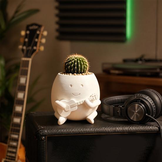 Guitarist Big Head Planter, Cute Smiling Face Flower Pot, Fun Guitar Player Plant Pot for Succulents Cacti Desk Shelf