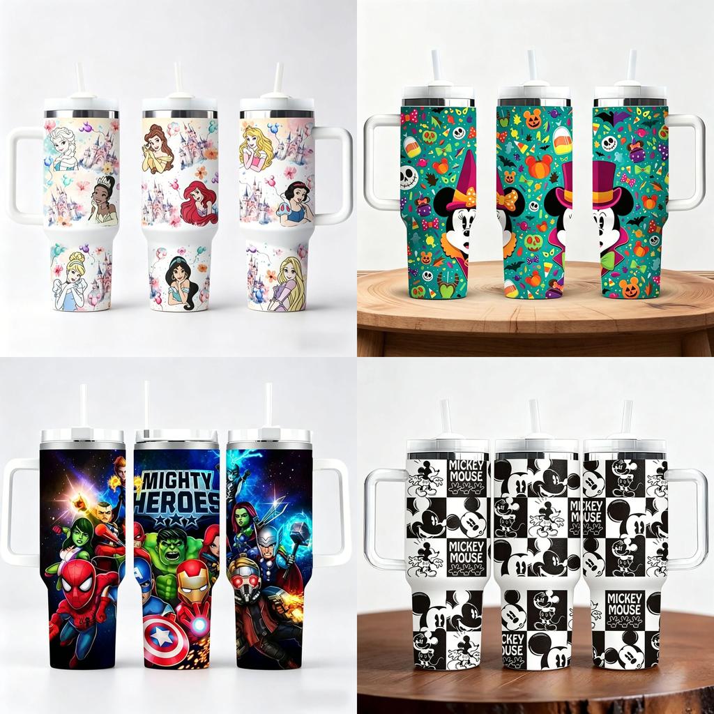 Cartoon Pattern 5d 40oz Car Travel Insulated Mug With Handle For Outdoor Activities