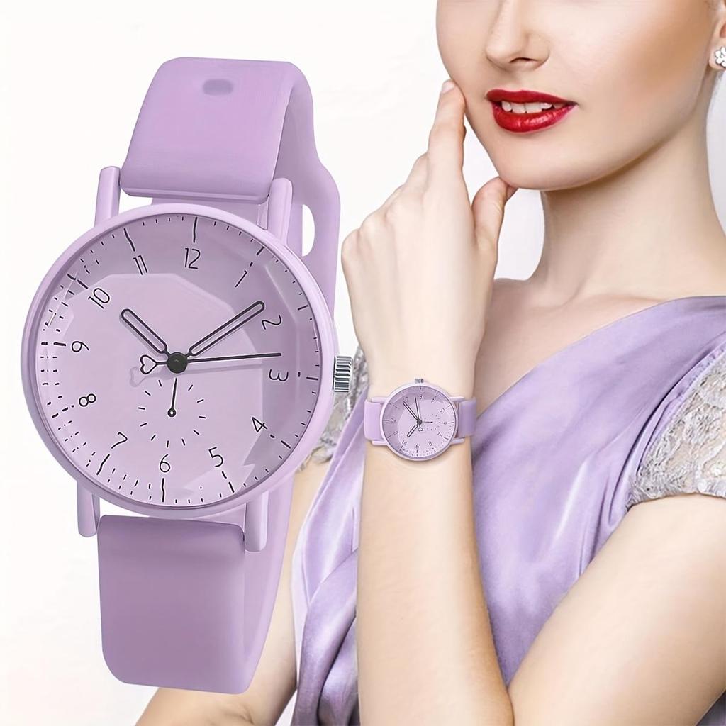 Women's Elegant Minimalist Quartz Watch with Pink Silicone Stra, Cute Round Face with Easy-to-Read Arabic Numbers Everyday Watch