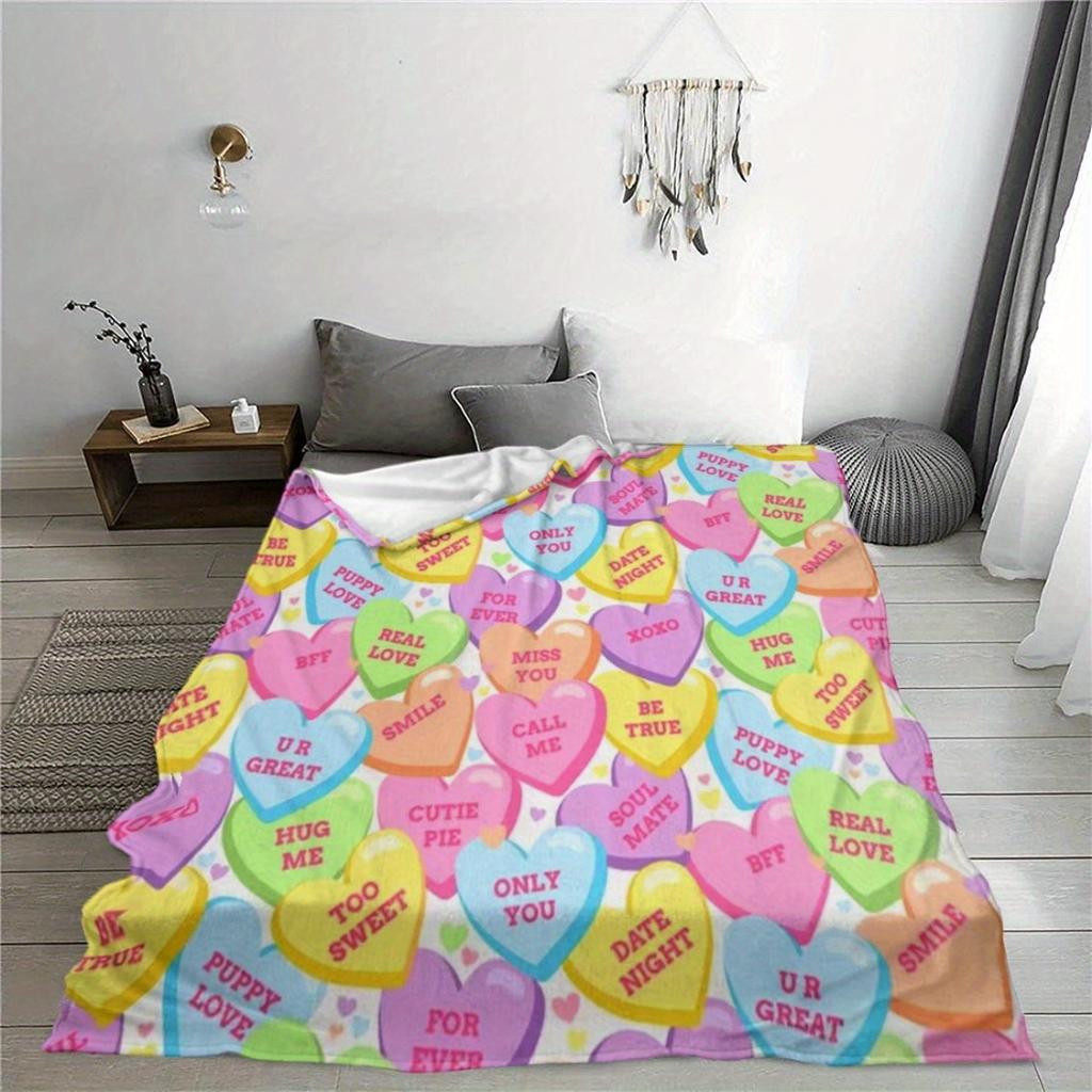 Valentine's Heart Print Plush Throw Blanket - Soft Polyester, Ideal for Bed, Sofa, Chair, Gift for Loved Ones