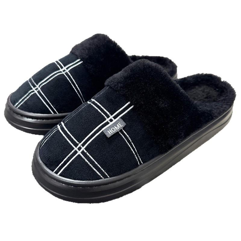 2025 Men's Large Winter Cotton Slip-on Slippers with Warm Fur and Thick Sole