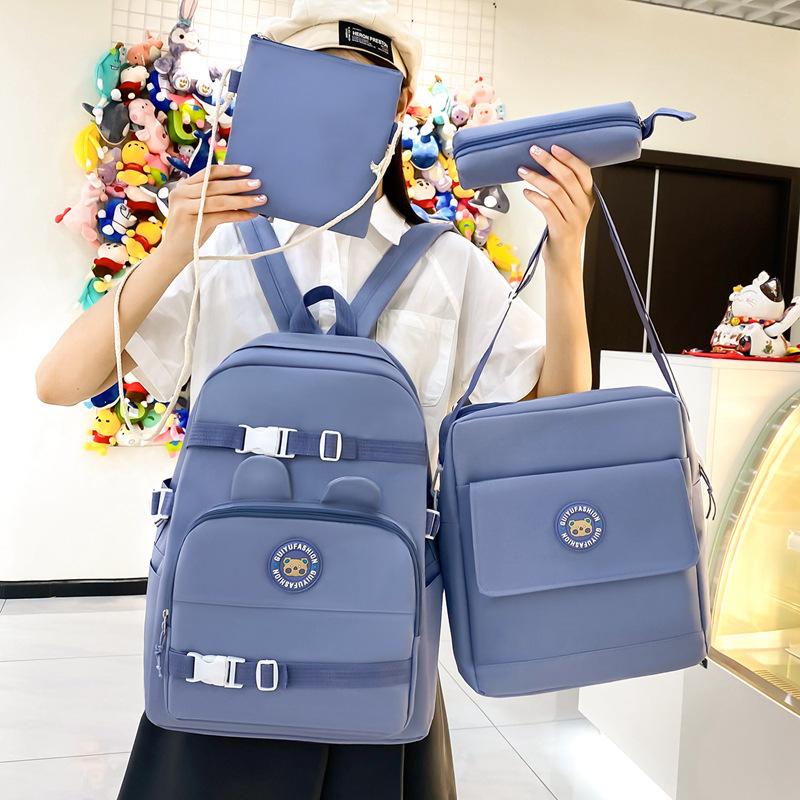 Elementary Solid Color School Bag Girls Large Capacity Canvas Backpack Set College Style Backpack