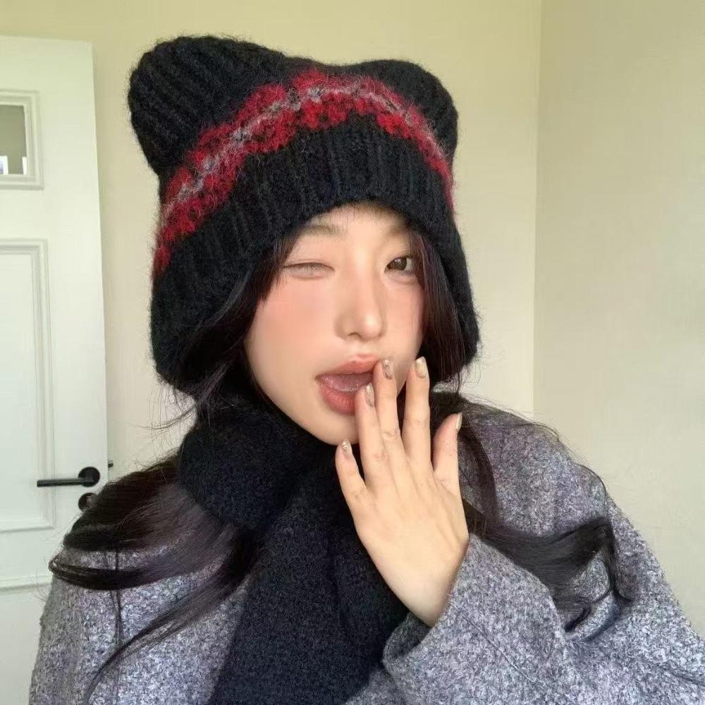 Cat Ear Warm Knitted Hat Pullover Style Windproof Balaclava Hat Thickened Ear Protection Women's Knitted Scarf Hat