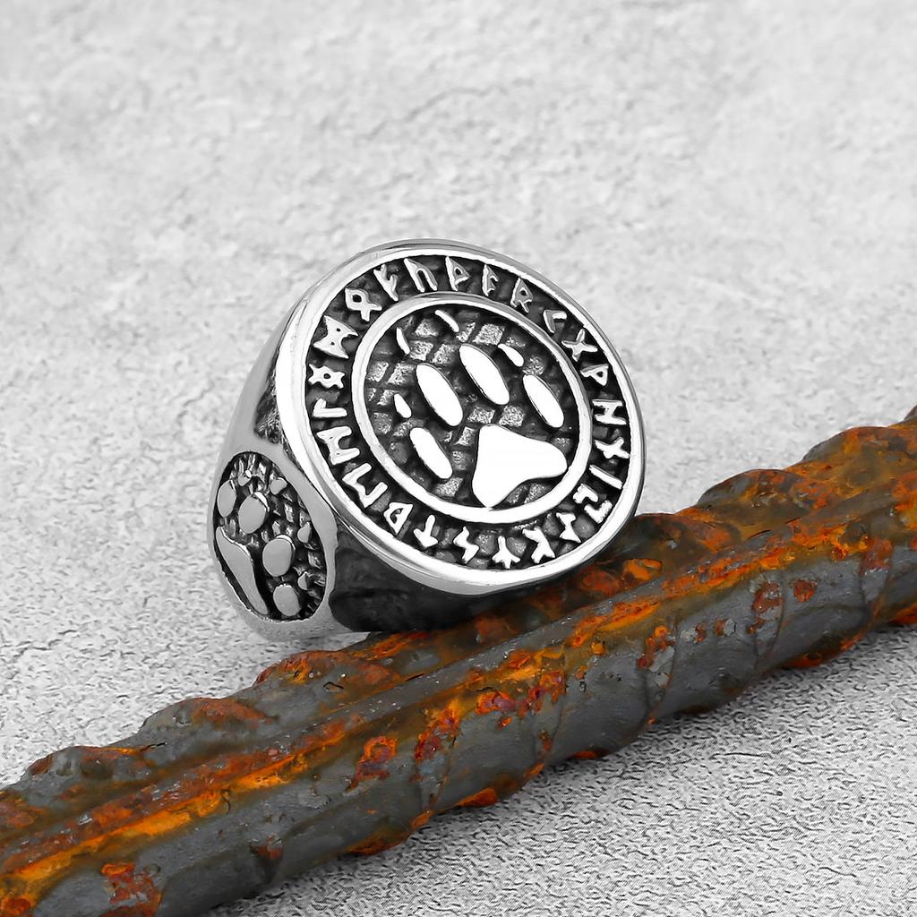 Norse Mythology Rune Ring Viking Bear Paw Stainless Steel Mens Rings Punk Hip Hop Rock for Male Boyfriend Jewelry Gift