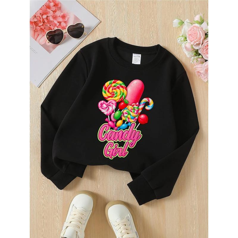 Kids Unisex Crewneck Sweatshirt, Colorful Lollipop Candy Print With Text "Candy Girl" Soft Fleece Pullover For Kids Over 4 Years Old