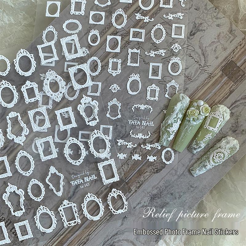 

3D Baroque Lace Bridal Nail Art Stickers - Black & White Retro Frame Decals