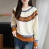 Women's Fair Isle Jacquard Knit Wool Sweater, Retro Round Neck, Long Sleeve, Thickened and Warm Base Layer.
