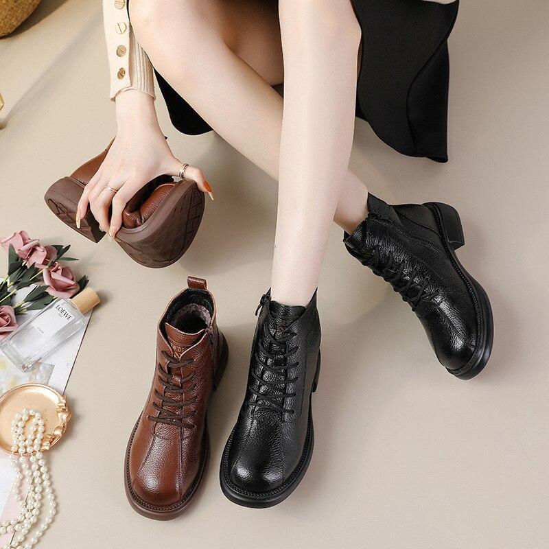 Genuine Leather Women Ankle Boots Natural Skin Warm Winter Short Boots Fashion Woman Shoes Booties Med Heel Footwear