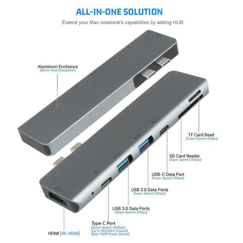 Aluminium Dual Usb-c Hub 7-in-1  Usb 3.1 Adapter Base Sd Card Reader Silver