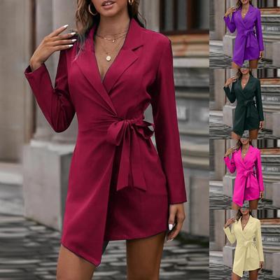 Women's Casual Solid Color Slim Fit Solid Color Tie Waist Long Sleeve Dress
