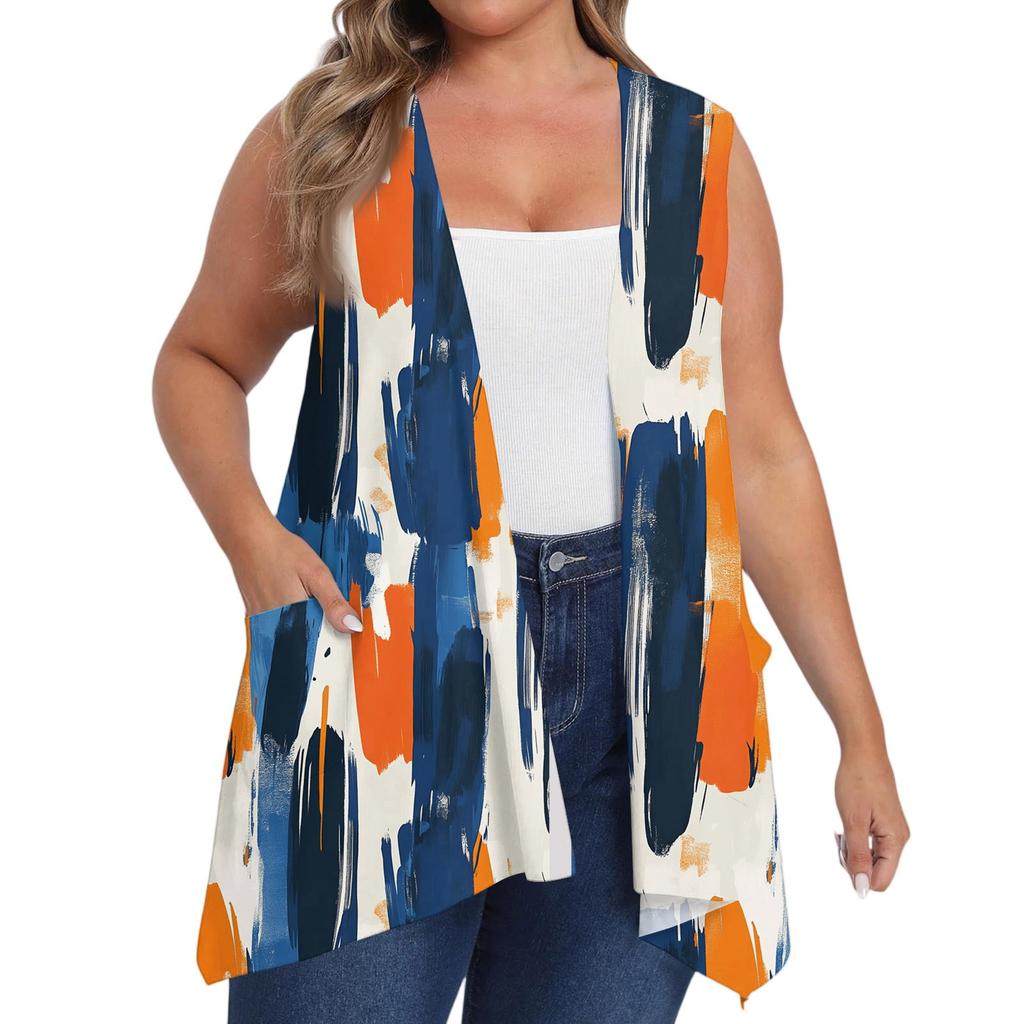 Women's Oversized Loose Casual Printed Sleeveless Vest With Pocket Cardigan Jacket Cardigan Jacket