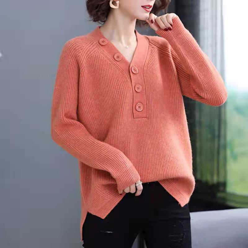 Women's V-neck Pullover Sweater Autumn New Style Loose and Thick Single Breasted Knitted Sweater