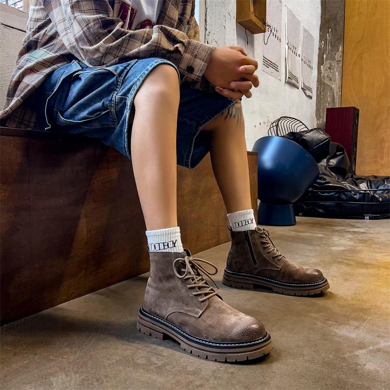 Martin Boots Men's Short Boots Autumn Side Zipper Boots Leather Rhubarb Boots Platform Shoes Outdoor Casual Desert Boots