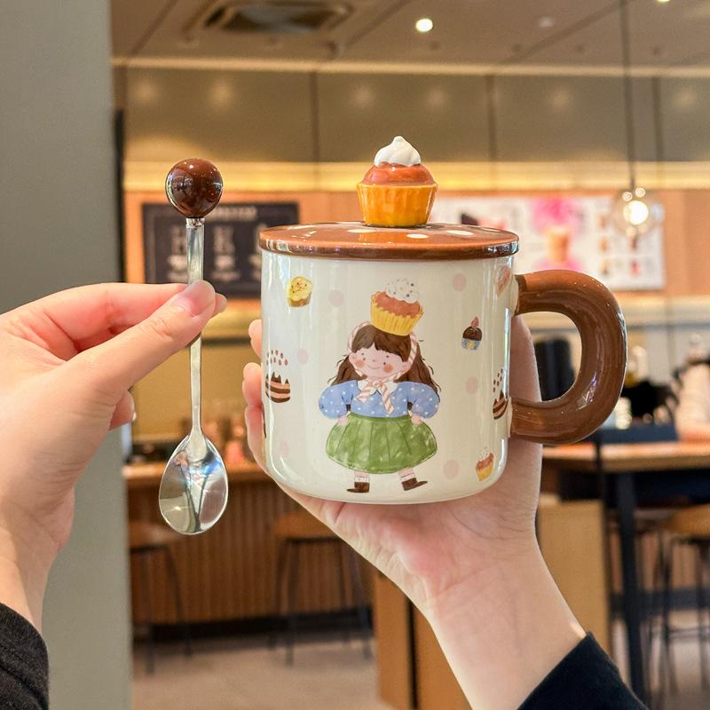 Cute milk fufu cake girl mug retro ceramic cup with lid girl birthday gift girlfriend souvenir