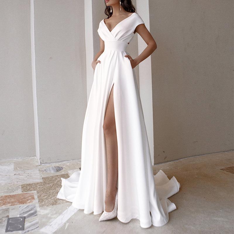 women s Off Shoulder V Neck High Slit Solid Formal Evening Gown Ruffle Trim Maxi Dress Party Dress S белый