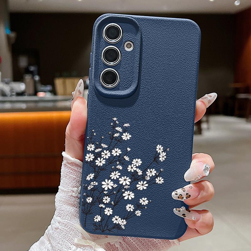 

Тонкий чехол для телефона из ТПУ с цветочным принтом и текстурой из кожи для Samsung S25 Ultra S24 FE S23 S22 A56 A36 A16 A15 A55 A35, матовый противоударный мягкий чехол-бампер Samsung S25 Ultra синий