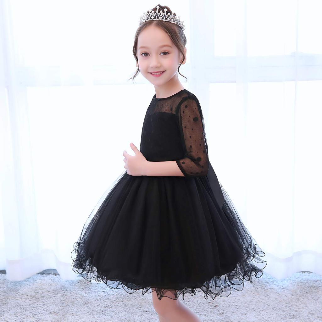 Weileenice Piano Recital Size Formal Soft Embroidered Lace Dress with Sleeves Children's Dress, Black, 110, Girls' Dress, Wedding, Shichi-Go-San,