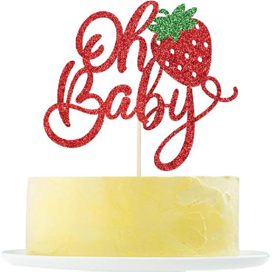Strawberry Oh Baby Cake Topper Red flash Baby shower Strawberry Cake Pick Decoration for Sweet Fruit Theme Baby Shower Kids Birthday Party Supplies Oh Baby