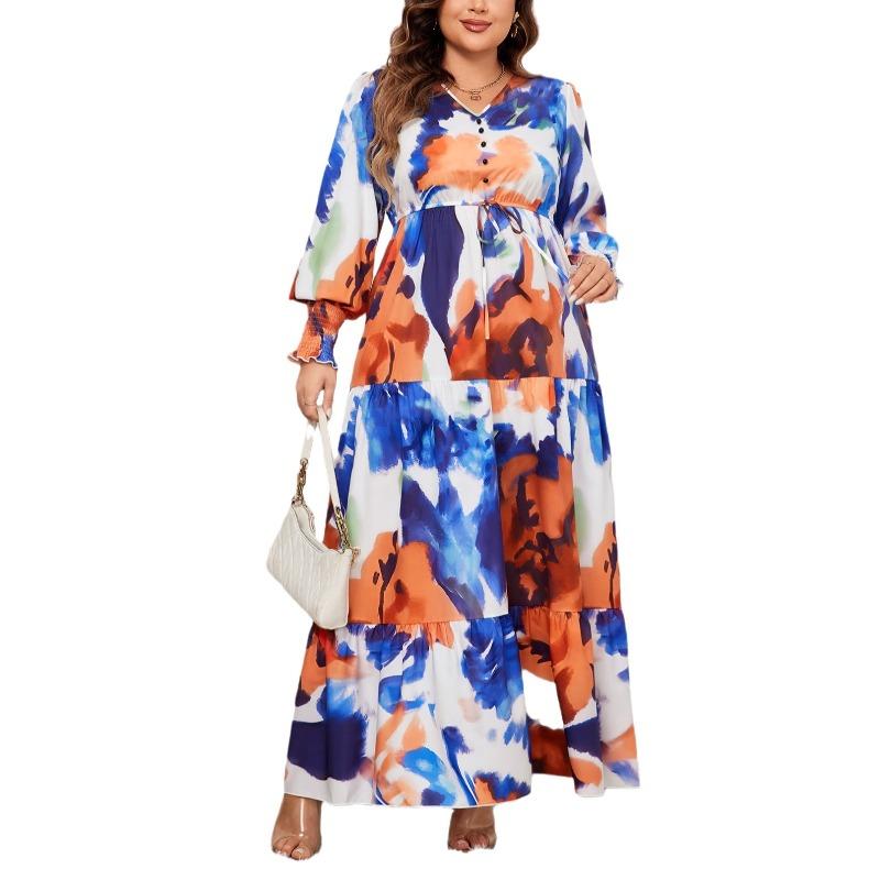 Women's Plus Size Loose Print Mid Length V Neck High Waisted Dress