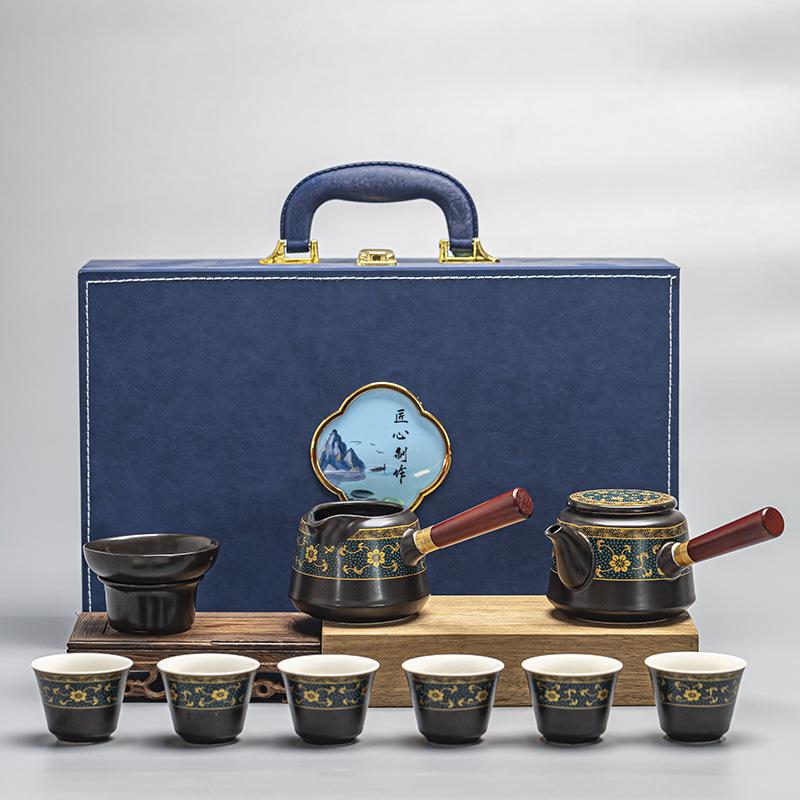 Ji blue glazed kung fu tea set, living room side teapot ceramic tea cup complete set of gifts, tea ceremony light luxury retro tea set
