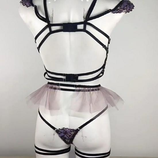 Europäisches & Amerikanisches Mesh Stickerei Dessous Set: Sexy dreiteilige Damenunterwäsche